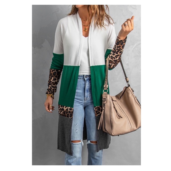Leopard Color Block Open Front Longline Cardigan - Picture 2 of 3